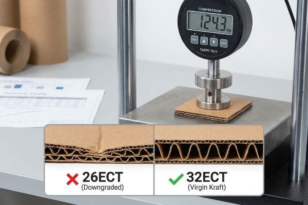 Corrugated ECT Compression Test A TAPPI T811 compression tester shows 124.3 lbs on a corrugated sample, comparing crushed 26ECT (Downgraded) to intact 32ECT (Virgin Kraft) fluting.