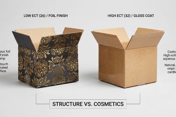 Two custom cardboard boxes comparing Low ECT (26) Foil Finish to High ECT (32) Gloss Coat, highlighting Structure Vs. Cosmetics.