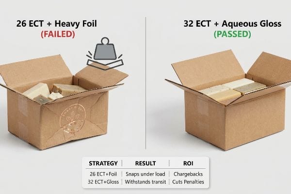 A 26 ECT + Heavy Foil soap box, visibly snapped under load, contrasted with a 32 ECT + Aqueous Gloss box, which withstood transit.