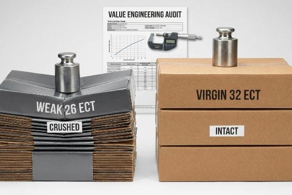 Crushed Weak 26 ECT boxes contrasted with intact Virgin 32 ECT boxes, demonstrating packaging strength with a Value Engineering Audit and micrometer.