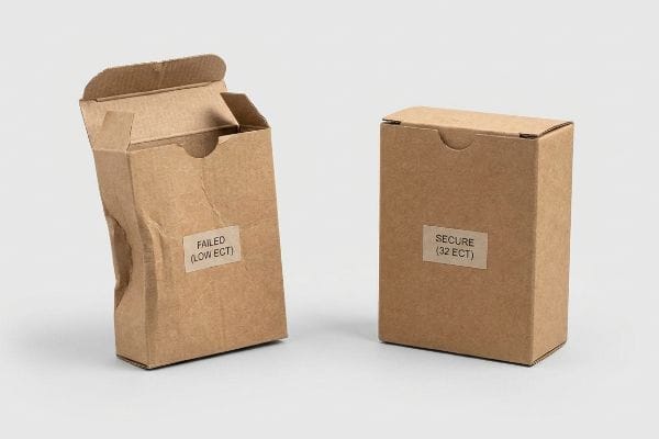 ECT Performance Comparison Brown corrugated cardboard tuck boxes illustrating ECT performance: one crumpled, labeled Failed (Low ECT), and one sturdy, labeled Secure (32 ECT).
