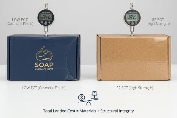 A dark blue Soap Abstract Printed box with Low ECT failed at 187.5 lbs, contrasted with a 32 ECT high-strength kraft box that passed at 450 lbs, demonstrating packaging structural integrity.