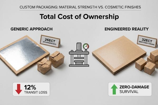 Infographic comparing custom packaging material strength: 26ECT (Downgraded) showing 12% Transit Loss versus 32ECT (Restored Virgin) achieving Zero-Damage Survival, illustrating Total Cost of Ownership.