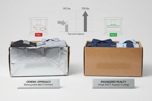 Packaging Strength Test Downgraded 26ECT foil box fails 145 lbs; Virgin 32ECT box passes 700 lbs Top-Load Capacity.