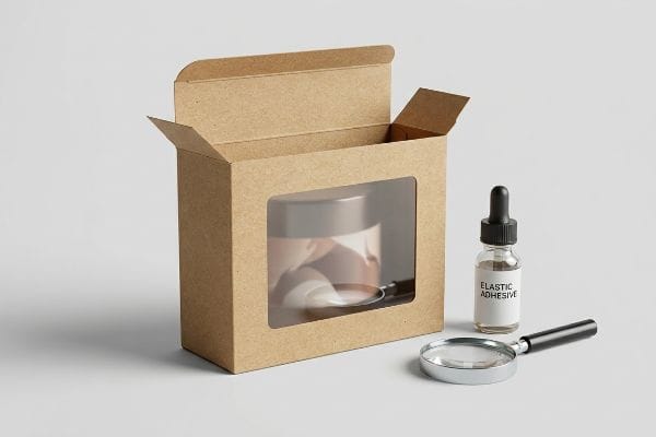 Elastic Adhesive Dropper Bottle Kraft paper tuck box with clear window, beside a glass dropper bottle labeled Elastic Adhesive and a magnifying glass.