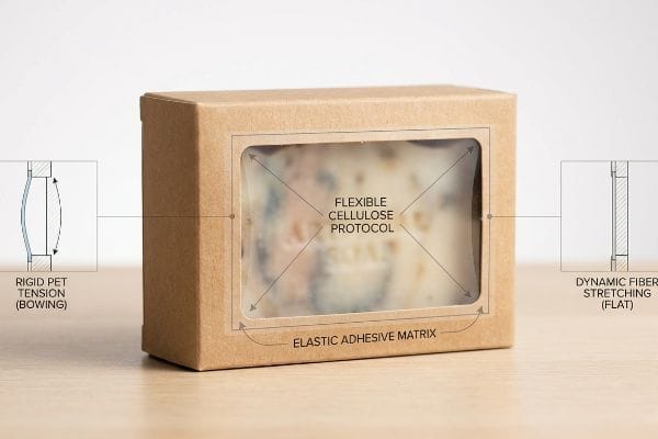 Flexible Cellulose Protocol Kraft paper window box for artisanal soap, detailing Flexible Cellulose Protocol with Elastic Adhesive Matrix, contrasting Rigid PET Tension (Bowing) with Dynamic Fiber Stretching (Flat) for flat packaging.