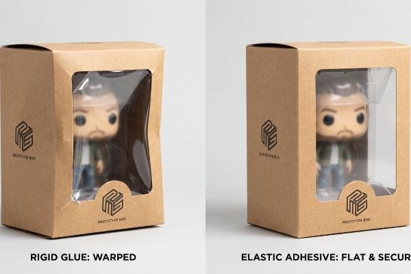 Window Box Glue Comparison Kraft paper window boxes: warped by rigid glue vs. flat with elastic adhesive, featuring Prototype Box figurines.
