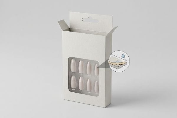 Nail Box Window Adhesive Die-cut window package displaying ten nude press-on nails, with an inset showing elastic, climate-resistant adhesive layers.