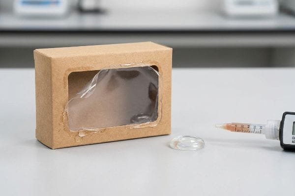 Elastic Adhesive Application Kraft paper window box with a peeling plastic patch, next to a syringe applying elastic adhesive on a lab bench.