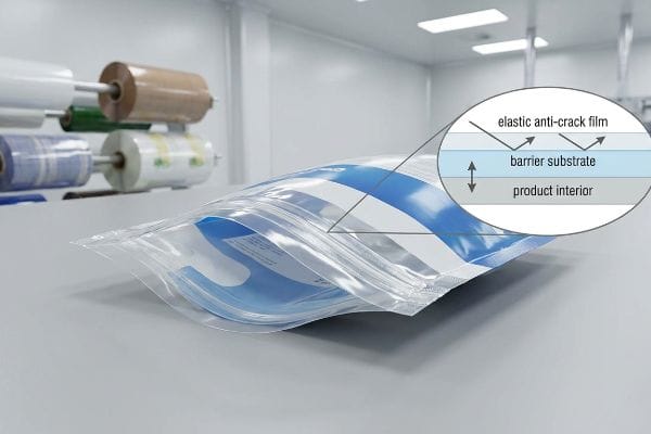 Elastic Anti-Crack Film Flexible packaging pouch with a magnified diagram showing Elastic Anti-Crack Film over a Barrier Substrate, protecting the Product Interior.