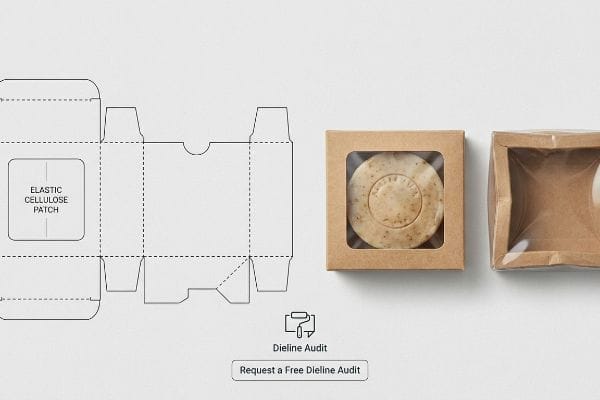 Soap Box Dieline Window Kraft paperboard soap box dieline with Elastic Cellulose Patch, alongside assembled boxes featuring a die-cut window and artisanal soap.