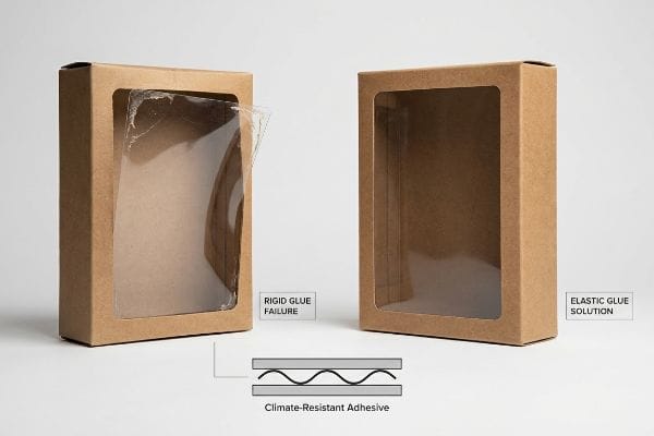 Elastic Window Patch Solution Brown cardboard window boxes demonstrate Rigid Glue Failure with a peeling patch versus an Elastic Glue Solution with Climate-Resistant Adhesive.