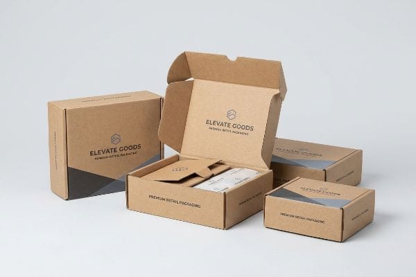 Elevate Goods社向けの茶色の段ボール製小売用包装箱。1つは内部に仕切り板が付いたオープンタイプ、3つはクローズタイプで、幾何学模様のデザインが施されている。.