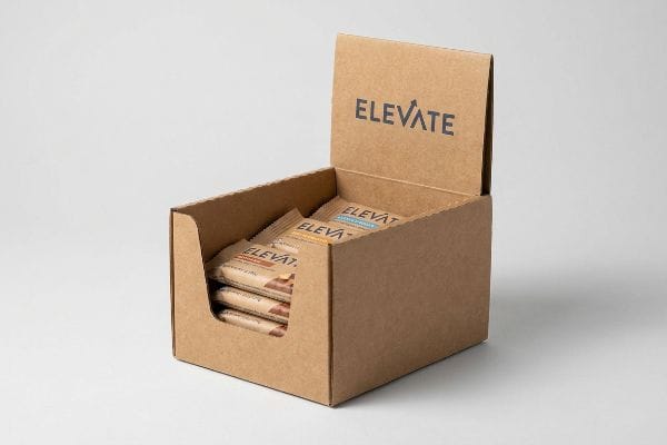 A brown corrugated retail display box filled with Elevate brand snack bars, designed for impulse purchases.