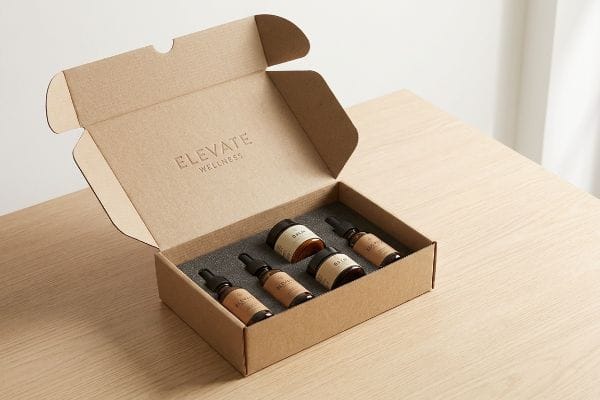 Elevate Wellness CBD Box Elevate Wellness open corrugated gift box with five amber glass CBD dropper bottles and jars, Oria and Bala labels, foam insert.