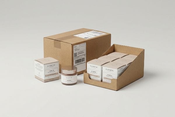 Exhibidor de envases de crema Caja de cartón marrón para envío, bandeja de exhibición lista para la venta al por menor que contiene seis cajas de crema ELONATAC Q-ENZYME 10 y un frasco abierto de crema ELONATAC Q-ENZYME 10.