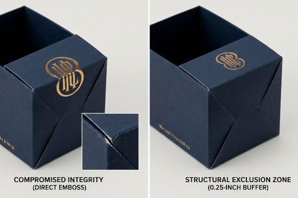 Embossing Exclusion Zone Dark blue folding carton comparison showing Compromised Integrity from Direct Emboss on a crease versus a clean Structural Exclusion Zone with a 0.25-inch buffer.