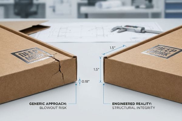 Box Corner Integrity Comparison Deep Work corrugated boxes: cracked corner (0.18" emboss, Blowout Risk) vs. intact (1.5" exclusion, Structural Integrity).