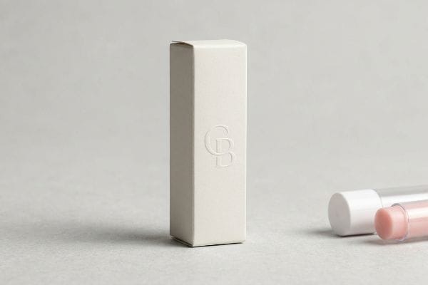 Off-white rectangular cosmetic carton with an embossed CB logo, next to a pink lip balm.