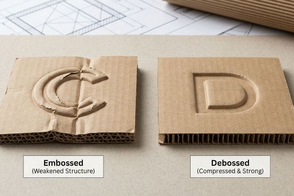 Embossed vs Debossed Corrugated cardboard samples comparing an Embossed 'C' with Weakened Structure to a Debossed 'D' with Compressed & Strong structural flutes.