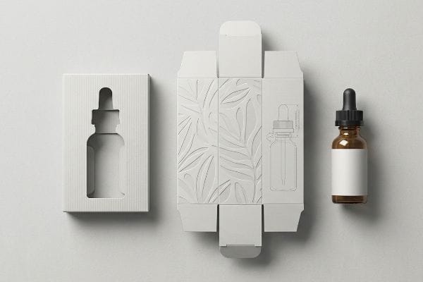 نموذج أولي لعلبة قطارة CBD يُظهر المنظر العلوي علبة تغليف بيضاء اللون تحتوي على مادة CBD مع نافذة مقطوعة، وقالب غير مطوي يتميز بنقوش أوراق بارزة، وزجاجة قطارة زجاجية بلون الكهرمان.
