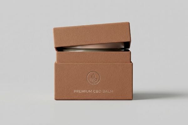 Premium CBD Balm Box Matte brown textured CBD balm box with an open lid, featuring an embossed leaf logo and 'Premium CBD Balm' text, highlighting premium packaging.