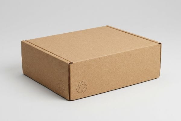 A brown corrugated cardboard box with two embossed recycling symbols on its side, emphasizing eco-friendly packaging.