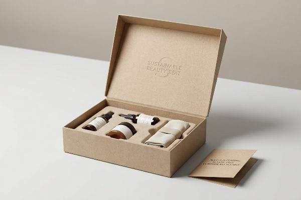 Sustainable Beauty Box Kit Kraft cardboard beauty box open, revealing amber glass bottles, a jar, and a cloth, with 'Sustainable Beauty Edit' embossed on the lid.