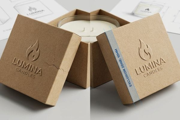 Embossing Blowout Prevention Kraft paper Lumina Candles box showing an embossed flame logo with a fiber blowout versus a box with a 10mm exclusion zone to prevent corner snapping.