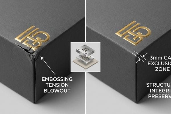 Black gift box corner: Embossing Tension Blowout vs. 3mm CAD Exclusion Zone, preserving structural integrity with gold logo.
