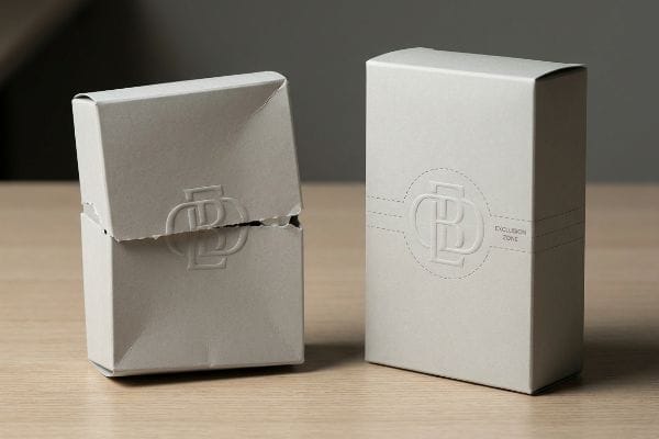 Light grey paperboard cartons, one torn at a deep embossed logo near a structural crease, the other intact with an 'Exclusion Zone' around its logo.