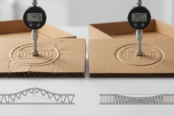 Embossing vs Debossing Strength Corrugated cardboard compression: damaged 42.6 lbs embossed Brand logo vs. intact 32ECT Integrity debossed Brand logo.