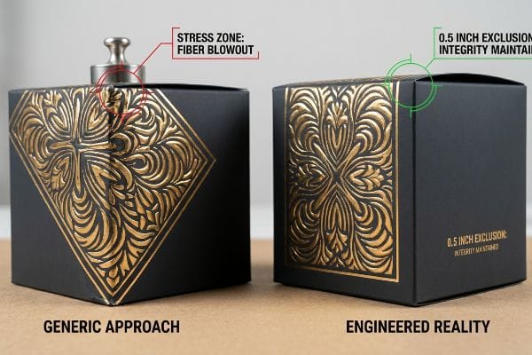Schwarze Kästchen mit Goldfolienprägung zeigen den Faserausbruch bei Generic Approach im Vergleich zu Engineered Realitys 0,5-Zoll-Ausschlussverfahren, bei dem die Integrität erhalten bleibt.