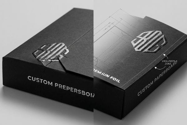 Foil Emboss Exclusion Zone Black paperboard custom tuck box featuring a silver foil embossed logo and a CAD exclusion zone.