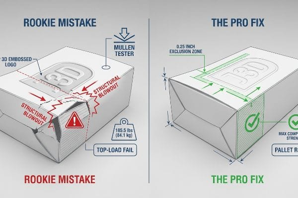 White cartons illustrate a Rookie Mistake with 3D Embossed Logo causing Structural Blowout and Top-Load Fail at 185.5 lbs, contrasted with The Pro Fix using a 0.25 Inch Exclusion Zone for maximum compression strength.