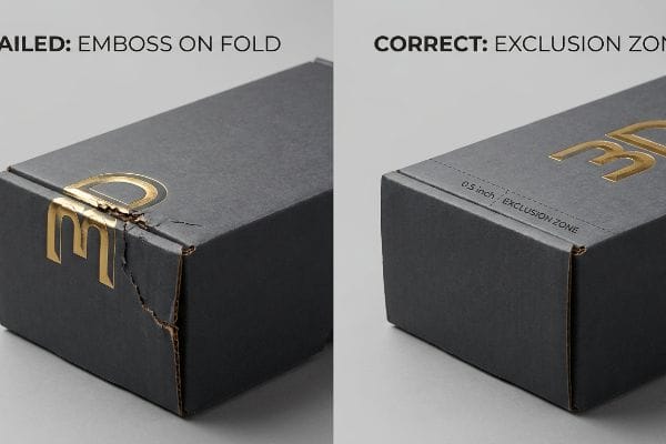 Dark grey E-flute box shows failed gold emboss on fold versus correct 0.5 inch exclusion zone design.