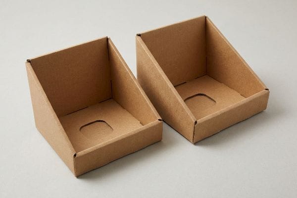 Zwei leere, braune PDQ-Displayboxen aus Wellpappe mit Aussparungen an der Vorderseite, bereit zur Warenpräsentation im Einzelhandel.
