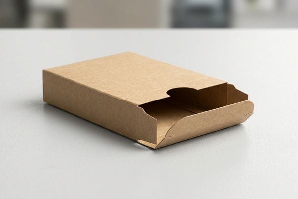 Open Kraft Tuck Box An open brown kraft paperboard tuck box, empty, displaying its friction-locked top flap and rectangular shape.