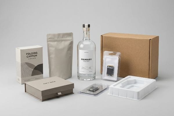 Packaging Types Display Beige Folding Carton, Gift Box, flexible pouch, Primary Black Spirits bottle, corrugated shipper, blister packs with electronics, and a white custom thermoformed insert.