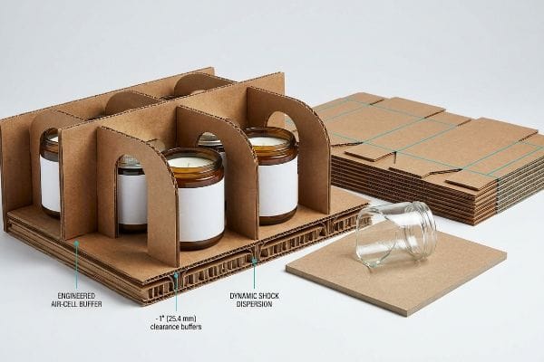 Candle Jar Packaging Solution Corrugated cardboard insert with six amber candle jars, showcasing Engineered Air-Cell Buffer, 1-inch clearance buffers, and Dynamic Shock Dispersion.