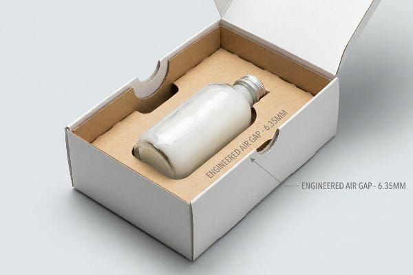 Engineered Air Gap Packaging Die-cut kraft insert securing a glass bottle inside a white box, highlighting an Engineered Air Gap - 6.35mm for shock absorption.