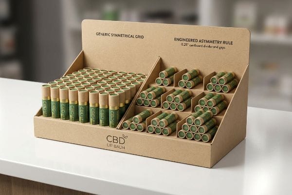 Asymmetry Rule Display Brown cardboard CBD lip balm display comparing Generic Symmetrical Grid with Engineered Asymmetry Rule, featuring 0.25-inch dividers.