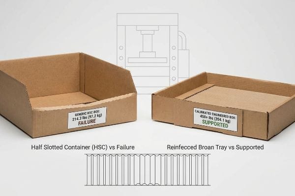 Prueba de resistencia de la caja de ingeniería Las cajas de cartón corrugado marrón muestran los resultados de las pruebas de compresión: una caja HSC genérica falló a 214,3 libras (97,2 kg), mientras que una caja de ingeniería calibrada soportó más de 450 libras (204,1 kg), con una prensa hidráulica y diagramas de flauta vertical.