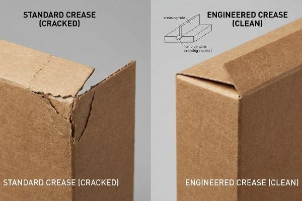 Cracked Standard Crease on kraft paperboard compared to a Clean Engineered Crease, illustrating the Female Matrix Creasing Channel.