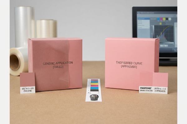 Comparing pink packaging: Generic Application (Failed) Delta-E > 4.0 versus Engineered Curve (Approved) Pantone Brand Standard Delta-E < 1.5 for lamination color.