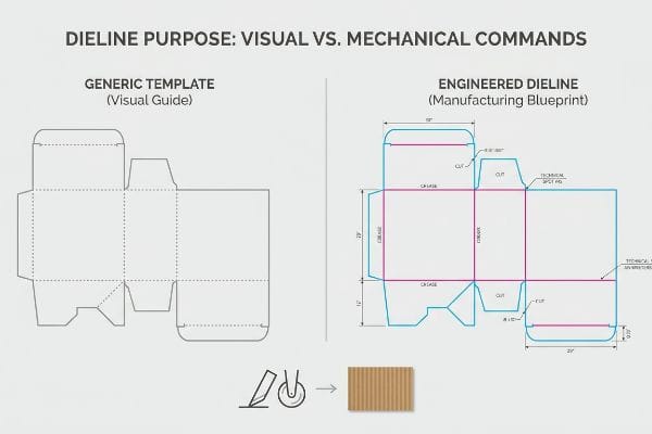 Comandos mecánicos visuales de la línea de troquelado Comparación detallada de una plantilla genérica (guía visual) y una plantilla diseñada (plano de fabricación), que ilustra las indicaciones visuales frente a las mecánicas con líneas de corte azules, líneas de pliegue magenta y dimensiones precisas para cartón ondulado.