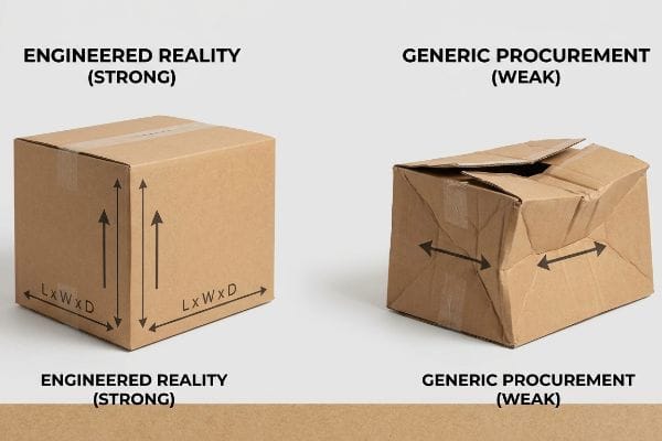 Two corrugated cardboard boxes: a strong Engineered Reality box with L x W x D labels, contrasted with a weak, crushed Generic Procurement box.