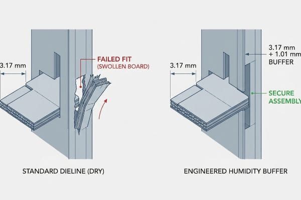 Engineered Humidity Buffer Corrugated board tab fails 3.17mm slot from swelling, contrasted with secure assembly using 1.01mm humidity buffer.