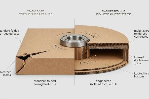 Corrugated display base comparison: standard folded base torque shear failure vs. engineered isolated torque hub.
