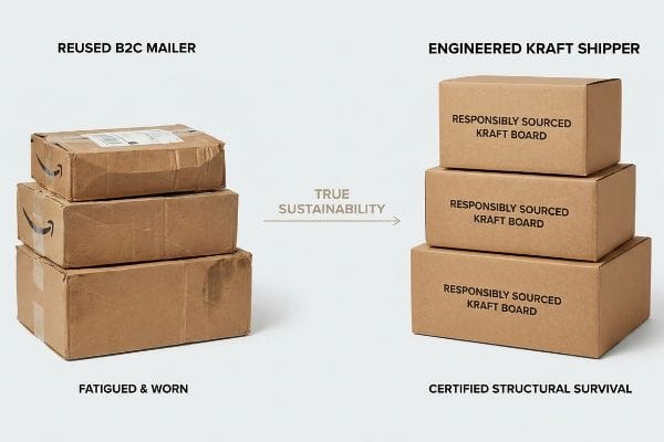 Sustainable Kraft Shipper Comparison Fatigued Reused B2C Mailers contrasted with new Engineered Kraft Shippers made from Responsibly Sourced Kraft Board, highlighting True Sustainability.